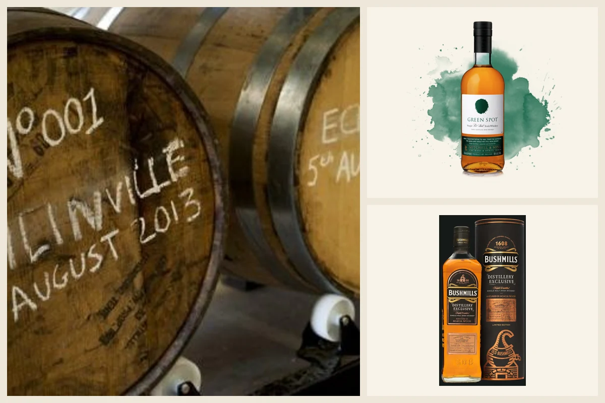 Collage of Dunville whiskey casks, Green Spot, and Bushmills Acacia Wood.