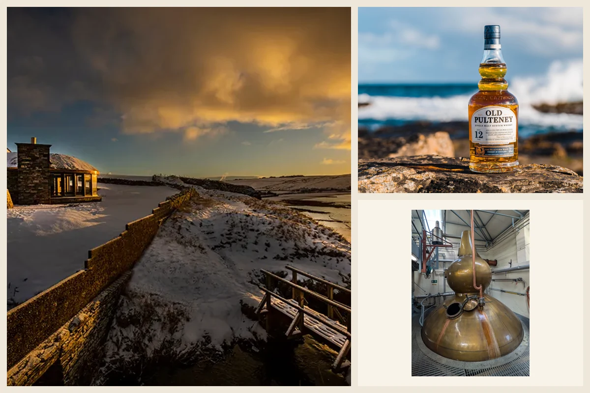 Collage of the Scapa coast, Old Pulteney whisky, and a copper still.