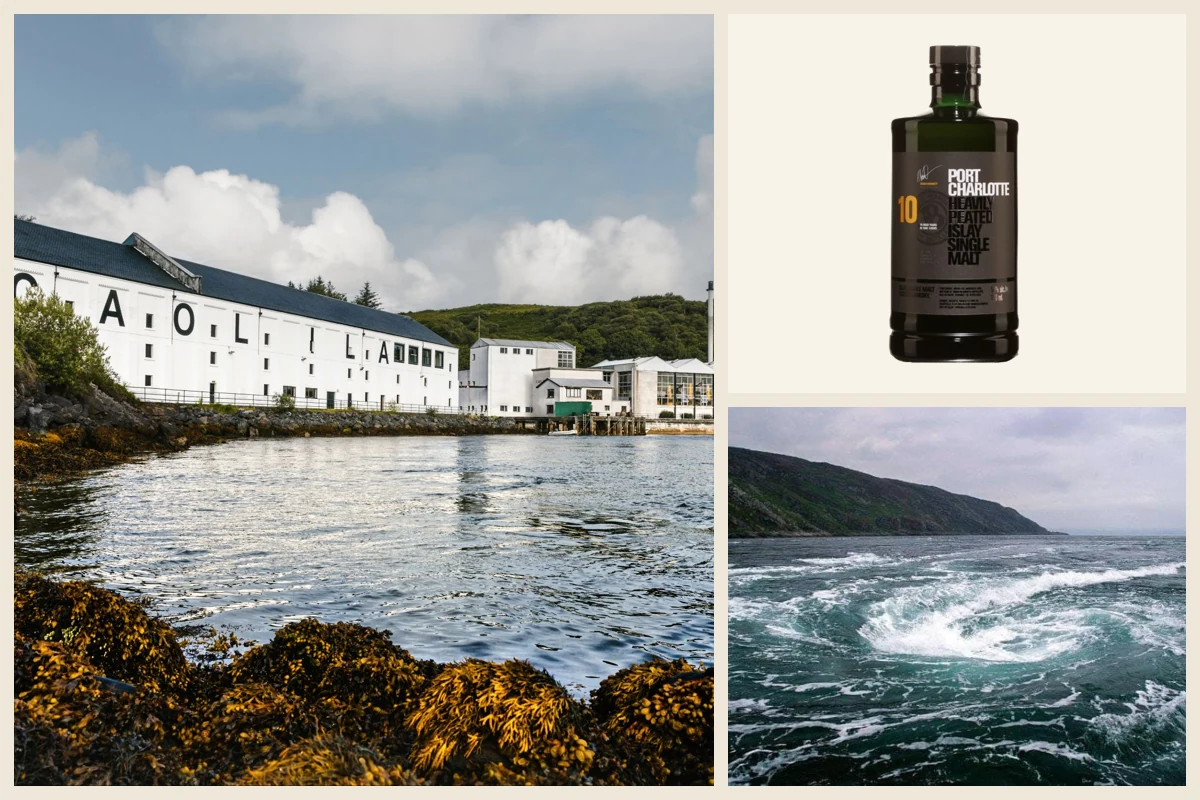 Collage of Caol Ila, Port Charlotte whisky, and the Corryvreckan whirlpool.