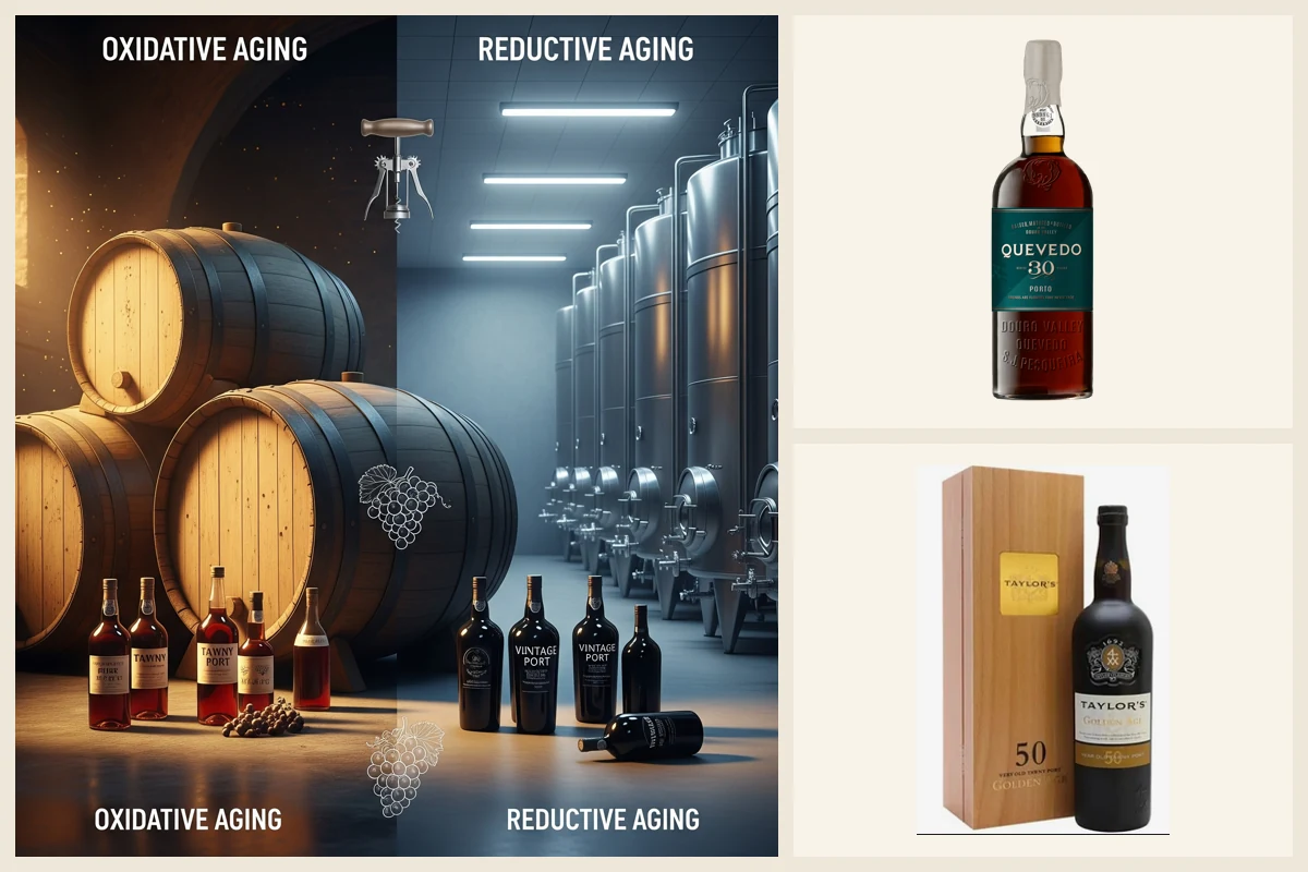Collage contrasting Port ageing, Quevedo 30 Year Old White, and Taylor’s Golden Age Tawny.