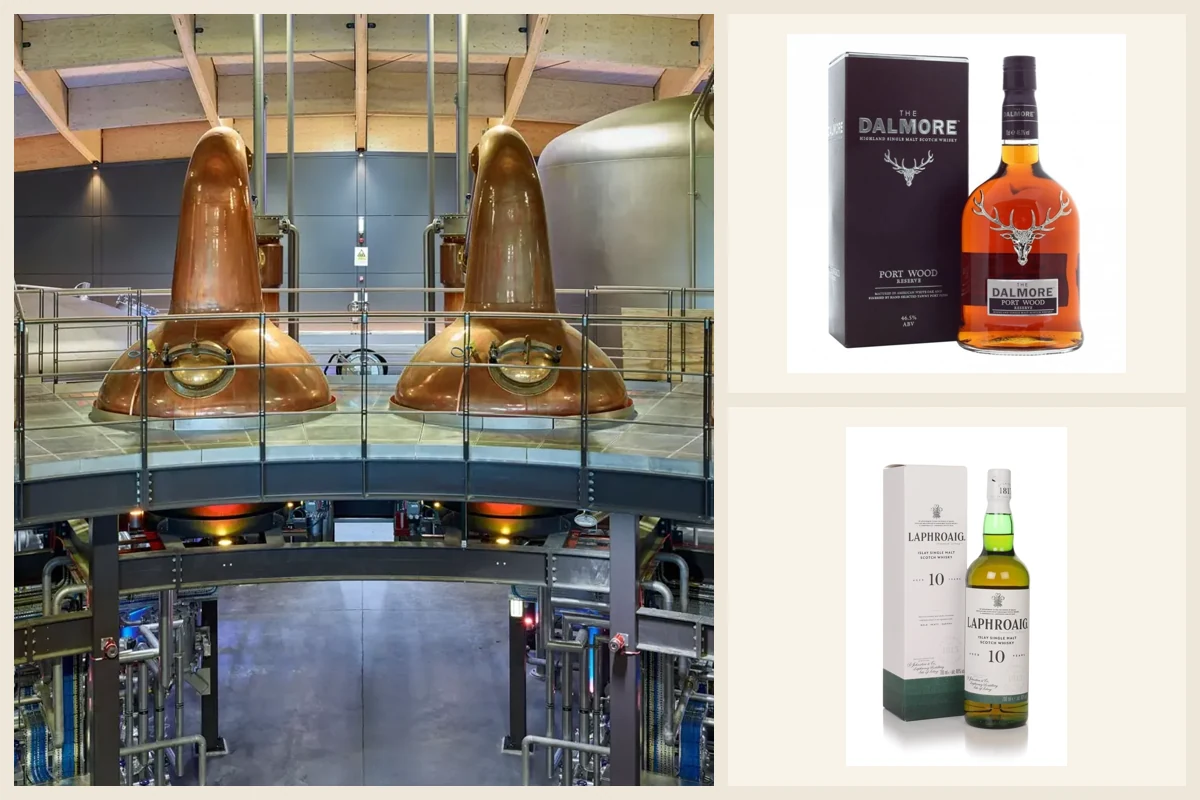 Collage of copper stills, Dalmore Port Wood Reserve, and Laphroaig whisky.