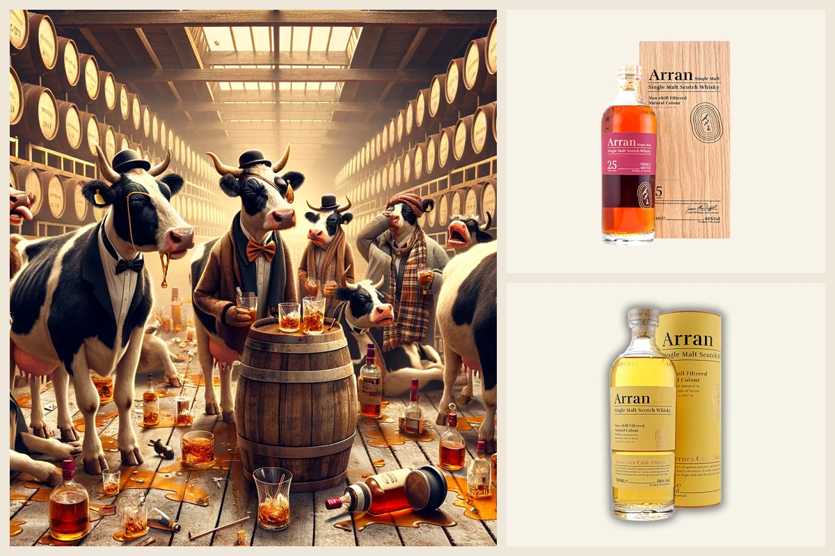 Collage of illustrated cows in a cellar, Arran 25 Year Old, and Arran Sauternes Cask Finish.