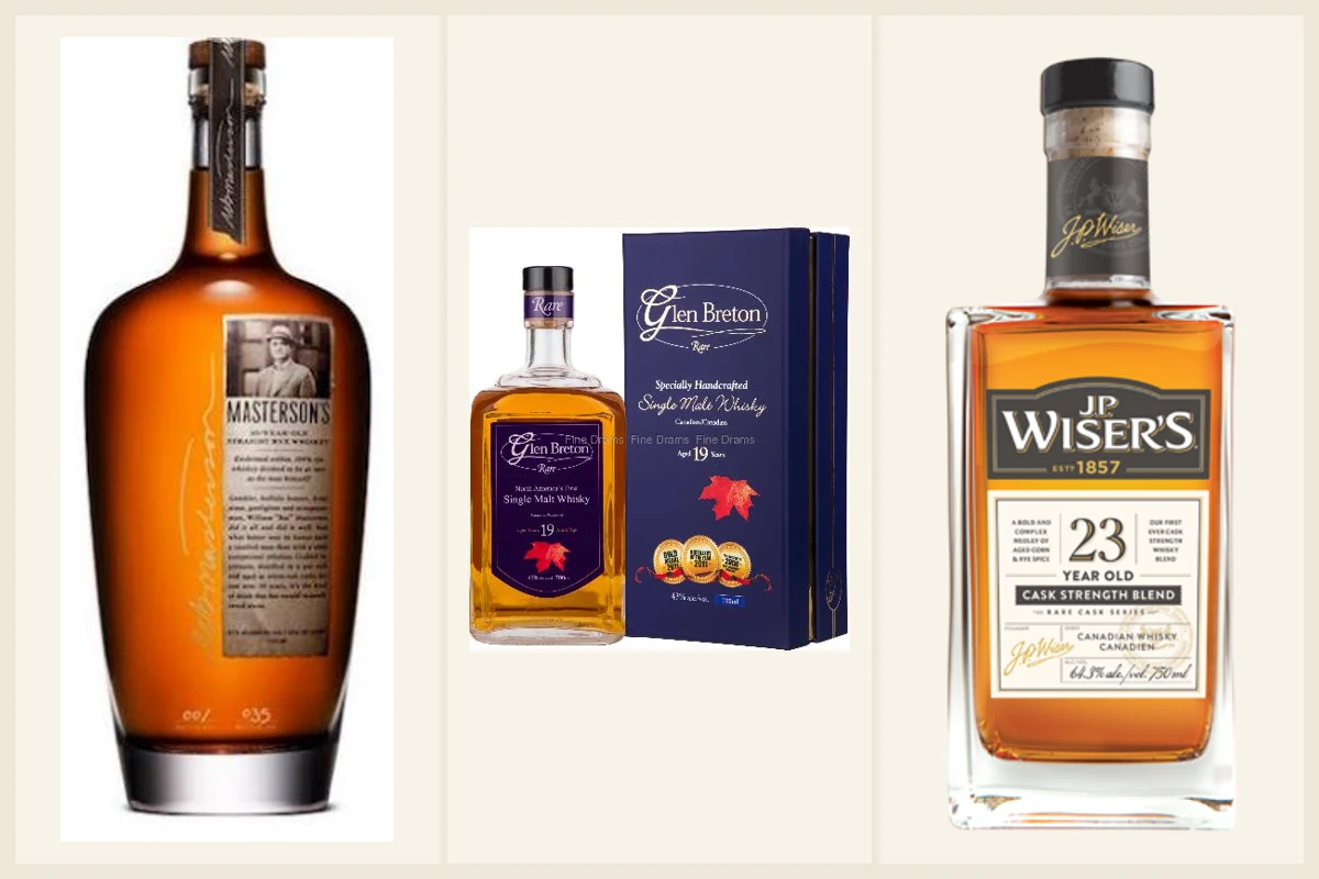Collage of Masterson’s rye, Glen Breton Rare, and J.P. Wiser’s Canadian whisky.