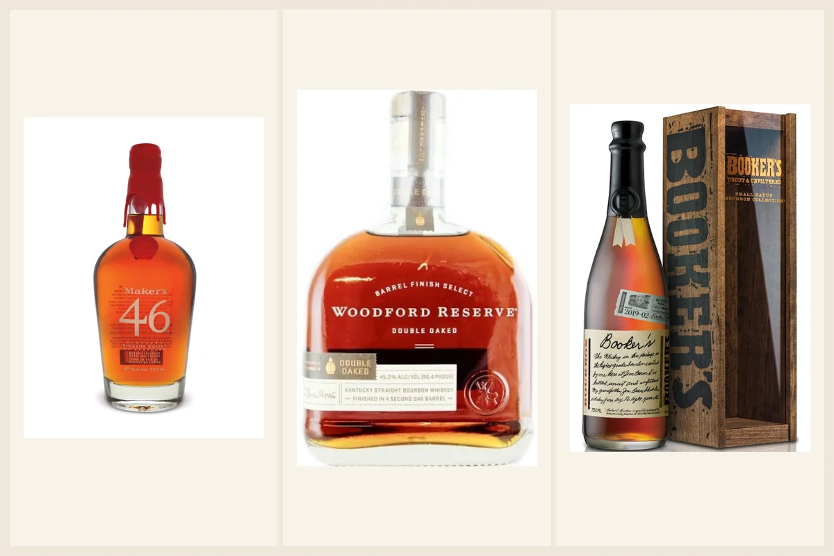 Collage of Maker’s Mark 46, Woodford Reserve Double Oaked, and Booker’s bourbon.