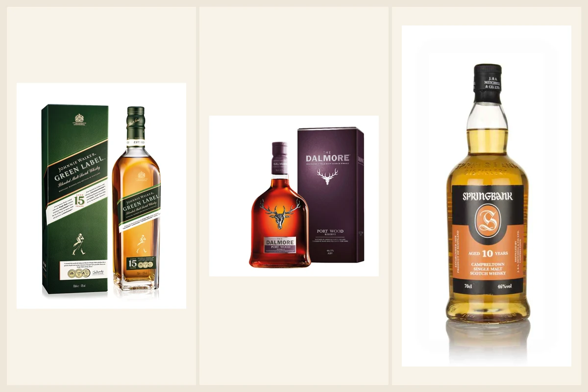 Collage of Johnnie Walker Green, Dalmore Port Wood Reserve, and Springbank 10.