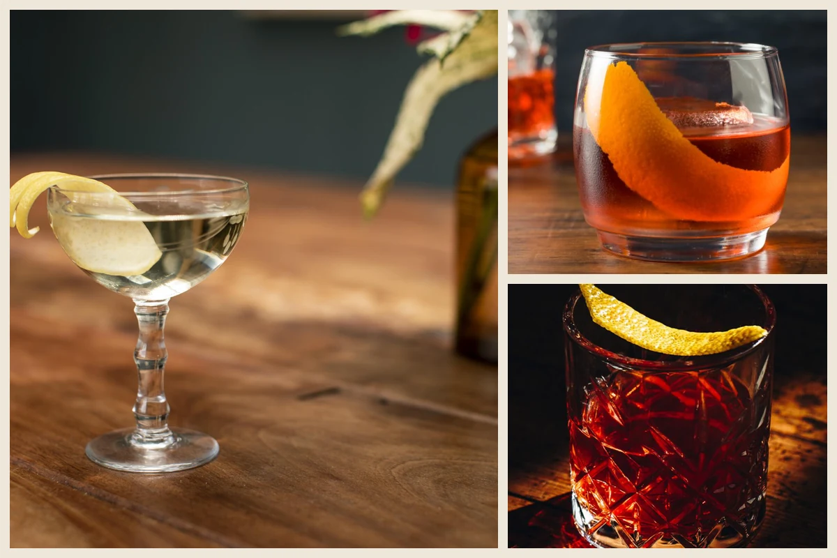 Collage of the Jabberwocky, Vieux Carré, and Sazerac cocktails.