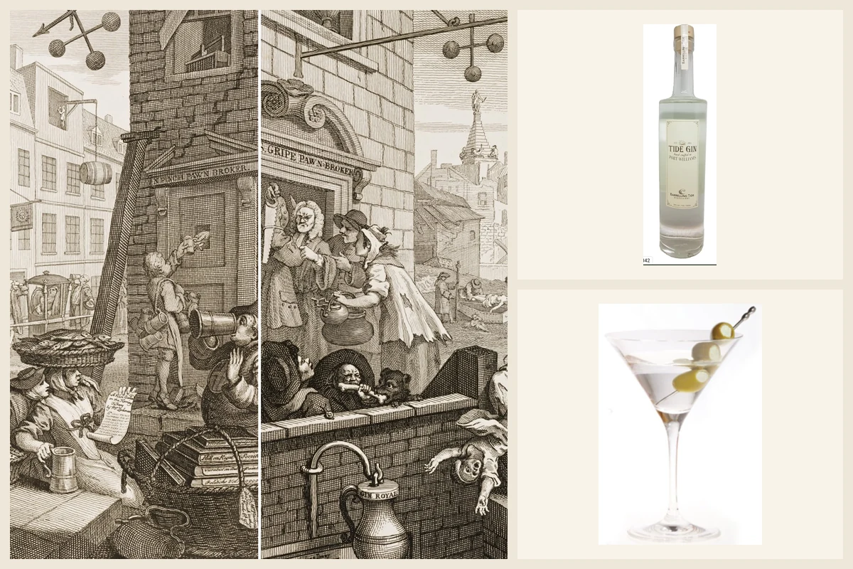 Collage of a historical gin illustration, Tide Gin, and a martini.