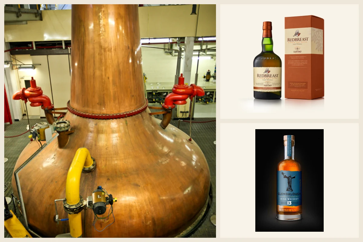 Collage of a copper still, Redbreast Lustau, and Glendalough Mizunara whiskey.