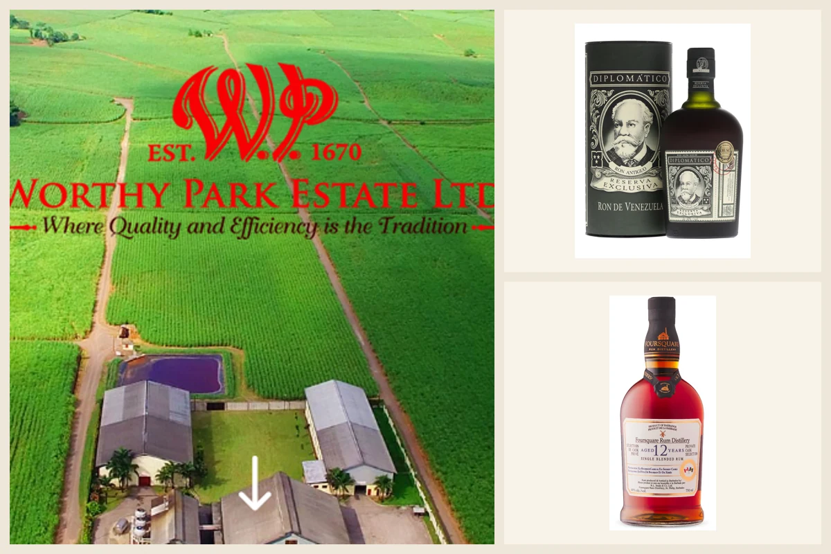 Collage of Worthy Park Estate, Diplomatico, and Foursquare rum.