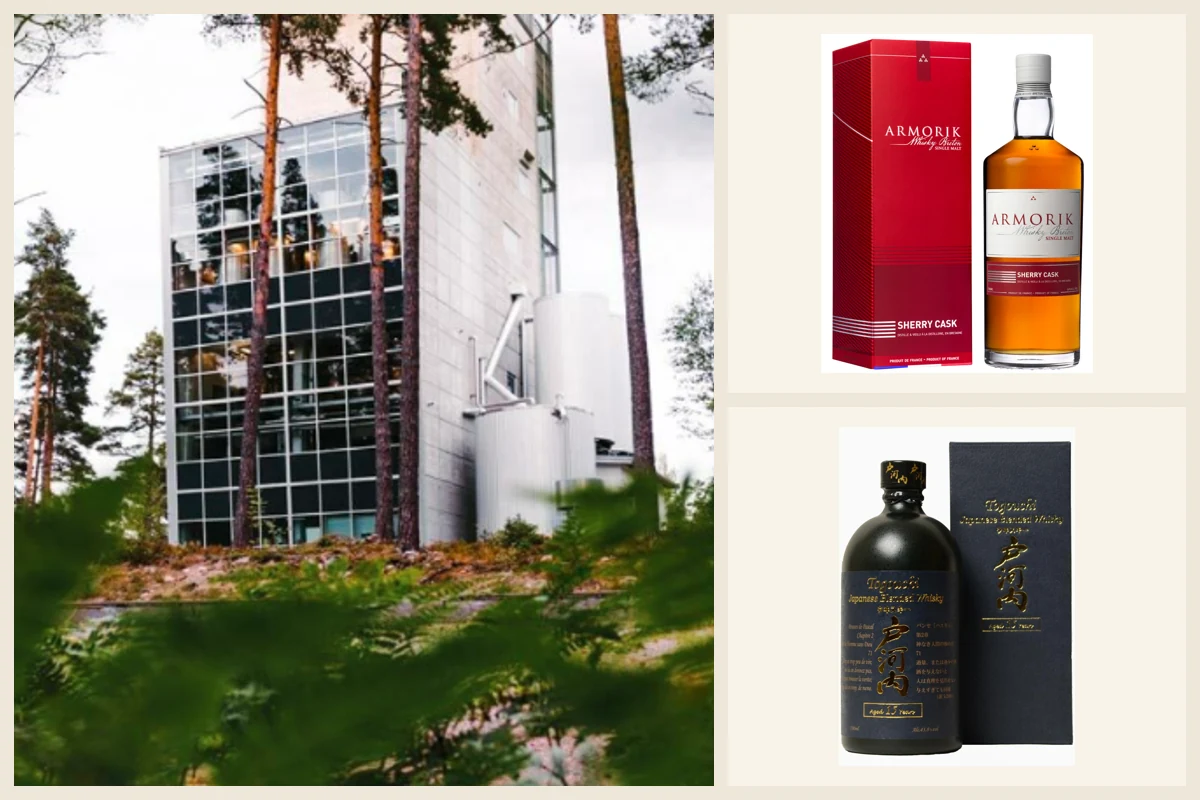 Collage of a Swedish distillery and French and Japanese whisky bottles.